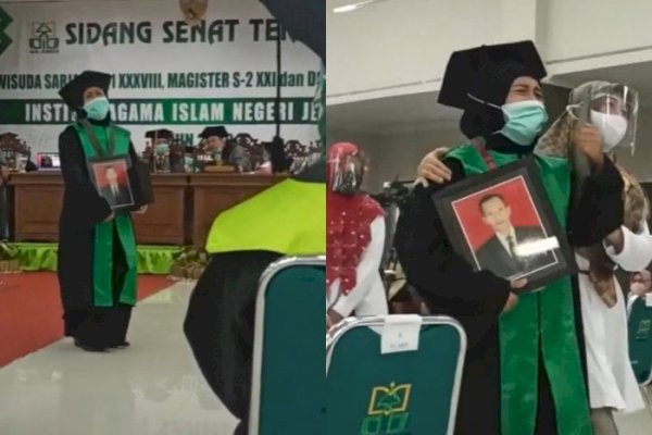 Bikin Haru, Sang Istri Gantikan Wisuda Suaminya yang Meninggal, Bawa Fotonya Sambil Nangis