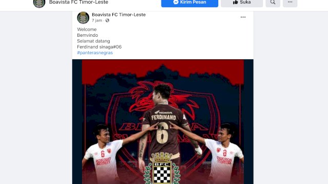 Tangkapan layar Facebook Boavista FC mengucapkan selamat datang kepada Ferdinand Sinaga. 