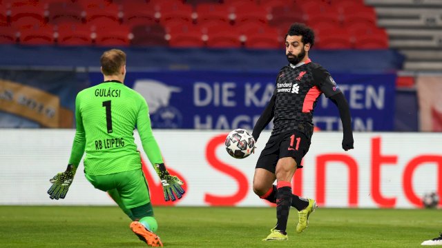 Mo Salah membuka keunggulan Liverpool atas RB Leipzig, di leg pertama 16 besar Liga Champions, Rabu (17/2/2021).