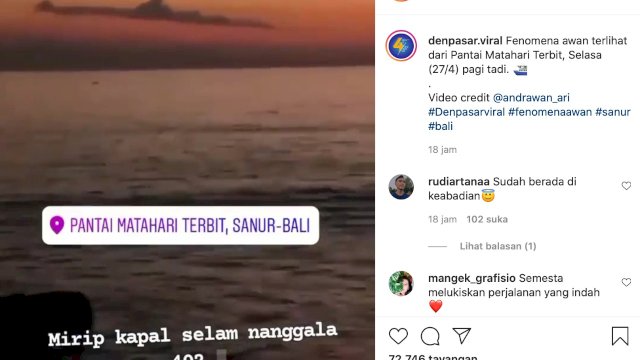 Tangkapan layar video Instagram fenomena awan mirip kapal selam KRI Nanggala 402.