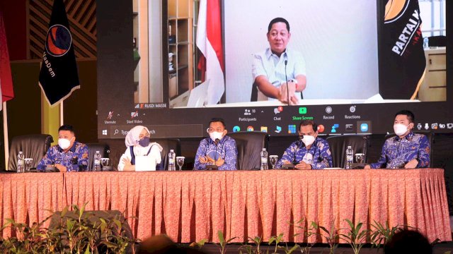 Ketua DPW NasDem Sulsel Rusdi Masse secara virtual memberikan sambutan pada Gebyar e-KTA NasDem Makassar