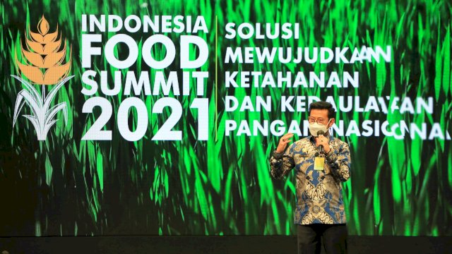 Menteri Pertanian Syahrul Yasin Limpo saat menjadi narasumber pada acara Indonesia Food Summit (IFS) 2021, di Jakarta, Selasa (25/5/2021).