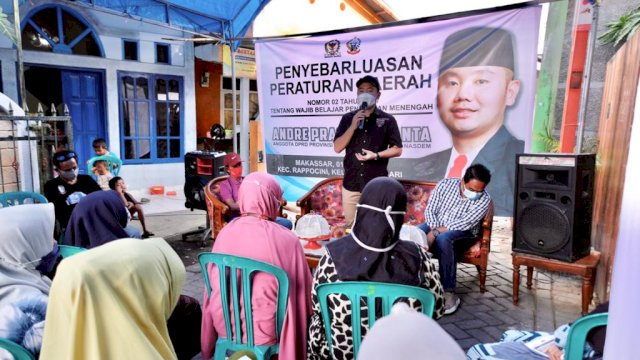 Anggota DPRD Sulsel, Andre Prasetyo Tanta, menggelar sosialisasi Perda Nomor 2 Tahun 2017 tentang Wajib Belajar Pendidikan Menengah, Sabtu (1/5/2021).