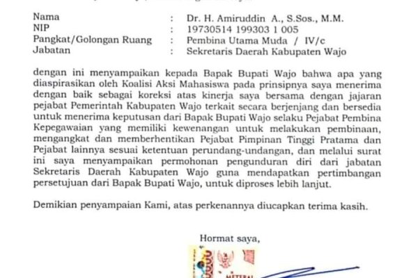 Beredar, Surat Pengunduran Diri Sekda Kabupaten Wajo Amiruddin