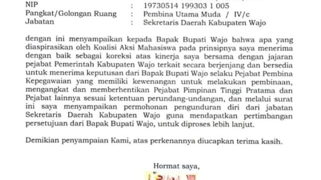 Beredar, Surat Pengunduran Diri Sekda Kabupaten Wajo Amiruddin