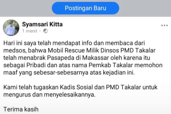 Mobil Rescue Kemensos RI Tabrak Warga di Makassar, Bupati Takalar Syamsari yang Minta Maaf