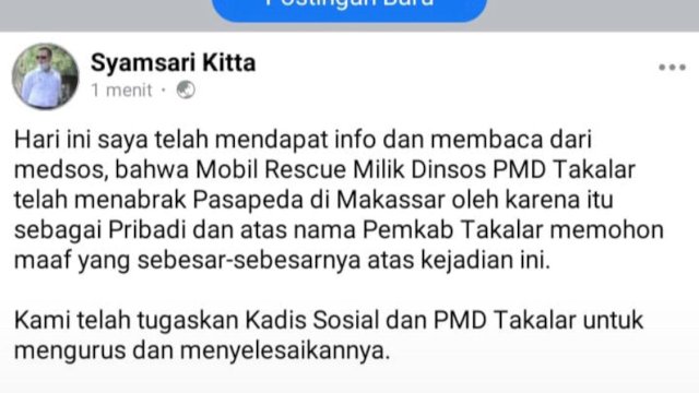 Mobil Rescue Kemensos RI Tabrak Warga di Makassar, Bupati Takalar Syamsari yang Minta Maaf