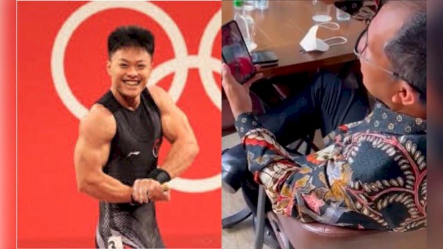 Wali Kota Makassar Moh. Ramdhan Pomanto saat melakukan panggilan video call dengan Rahnat Erwin, Peraih medali perunggu Olimpiade Tokyo asal makassar.