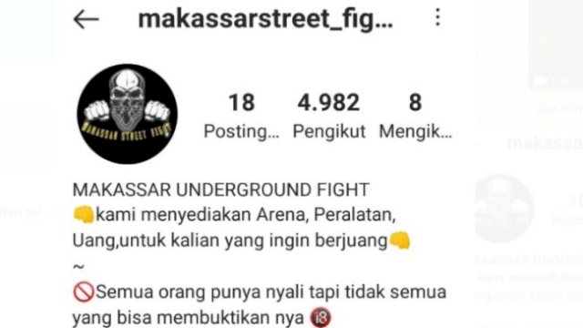 Tangkapan layar media sosial yang dijadikan wadah street Fighter atau pertarungan jalanan di Makassar, Sulsel.