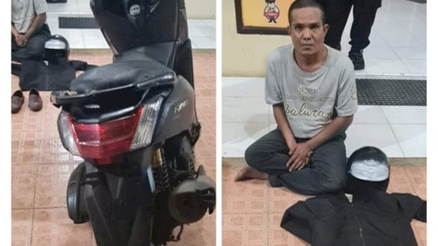 Barang bukti motor beserta pelaku yang diamankan polisi.