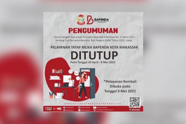 Catat, Pelayanan Tatap Muka Bapenda Makassar Ditutup dari 29 April – 6 Mei 2022