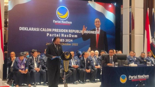 Ketua umum NasDem Surya Paloh saat umumkan Anies sebagai Capres 2024.(F-INT)