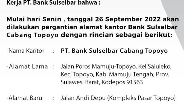 Simak, Ini Lokasi Baru Bank Sulselbar Cabang Topoyo