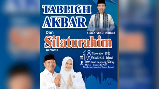 Rusdi Masse-Fatmawati Rusdi Gelar Tabligh Akbar, Datangkan Ustad Somad ke Sidrap