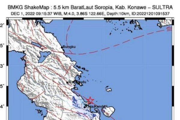 Gempa M 4,0 Guncang Konawe Sultra
