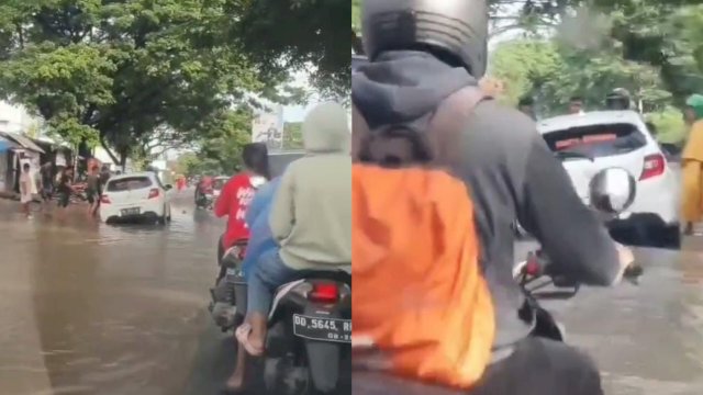 Hati-hati! Jalan Rusak Berlubang di Jalan Hertasning Makassar Tergenang Air