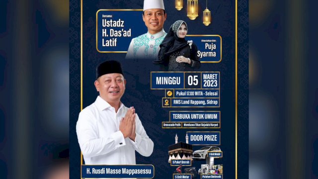 Dzikir dan Tabligh Akbar bersama ustadz kondang, Das'ad Latif dan dimeriahkan Puja Syarma Momentum Perayaan Hut Emas Rusdi Masse ke-50 Tahun.