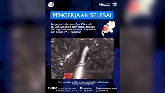 Pengerjaan Pipa Induk Utama yang Bocor Selesai Dikerjakan, PDAM Makassar: Harap Sabar, Supply Air Perlahan Mulai Dinormalkan