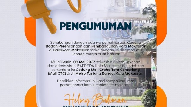 Catat! Mulai Mei 2023 Pelayanan di Bappeda Makassar Dialihkan ke Mall GTC