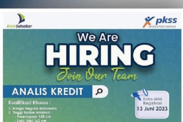 Dibuka, Lowongan Analis Kredit Bank Sulselbar Tahun 2023