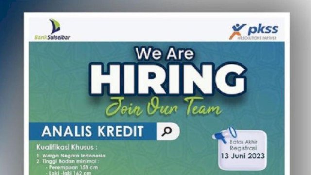 Dibuka, Lowongan Analis Kredit Bank Sulselbar Tahun 2023