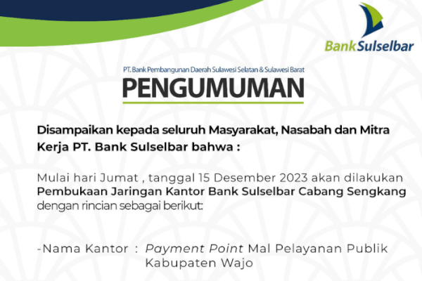 Bank Sulselbar Buka Kantor Payment Point Mal Pelayanan Publik Cabang Sengkang