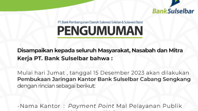 Bank Sulselbar Buka Kantor Payment Point Mal Pelayanan Publik Cabang Sengkang