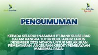 Bank Sulselbar Umumkan Batas Pembayaran Maksimal Akhir Tahun Desember 2023