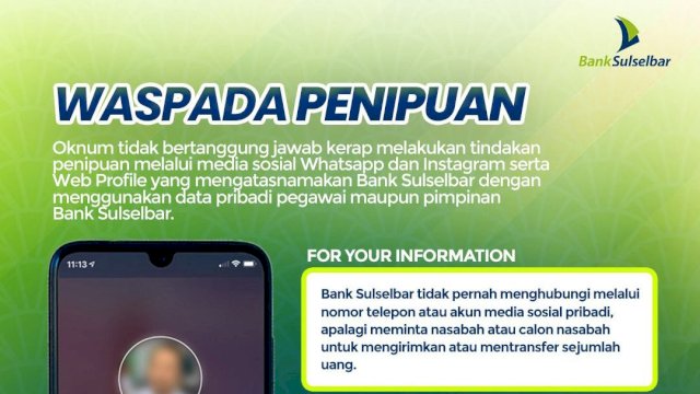 Bank Sulselbar Imbau Nasabah Waspada Modus Penipuan, Berikut Tips yang Bisa Dilakukan
