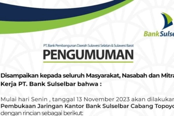 Kantor Bank Sulselbar Mamuju Tengah Buka Payment Point di Kantor Bupati