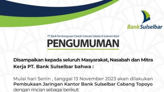 Kantor Bank Sulselbar Mamuju Tengah Buka Payment Point di Kantor Bupati