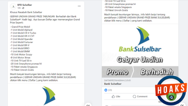 Cek Fakta: Hoaks Pendaftaran Gebyar Undian Bank Sulselbar Di Facebook