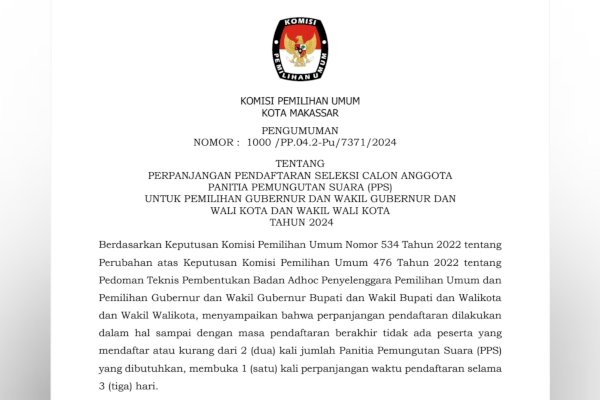 Seleksi PPS Sepi Peminat, KPU Makassar Perpanjang Pendaftaran hingga 11 Mei 2024