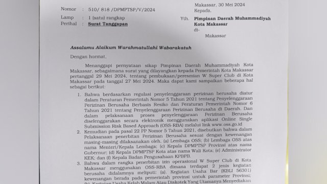 Surat Tanggapan dari Pemkot Makasar Perihal W Super Club