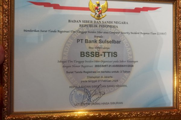 Tim Tanggap Insiden Siber Bank Sulselbar resmi terdaftar di BSSN