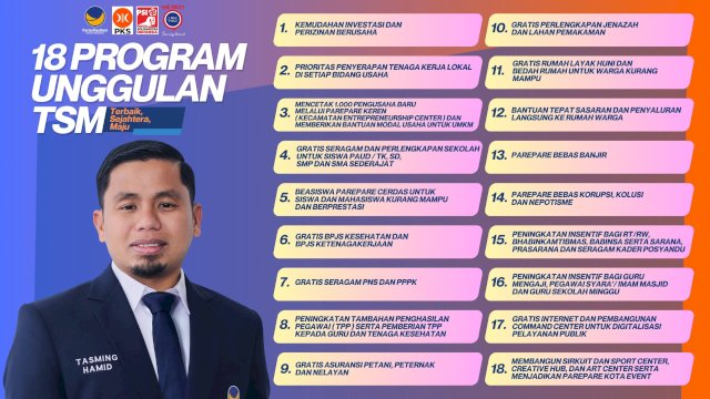 Catat! Ini 18 Program Unggulan Calon Wali Kota Parepare Tasming Hamid, Ada Kemudahan Investasi hingga Cetak 1000 Pengusaha Baru