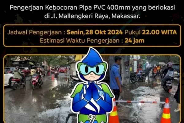 Info Penting! Ada Pengerjaan Kebocoran Pipa PVC 400 MM PDAM Makassar di Jalan Mallengkeri Raya, Berikut Wilayah Terdampak