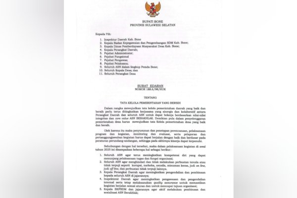 Pj Bupati Bone Keluarkan Surat Edaran Tentang Disiplin ASN, Berikit Poin-poinnya.