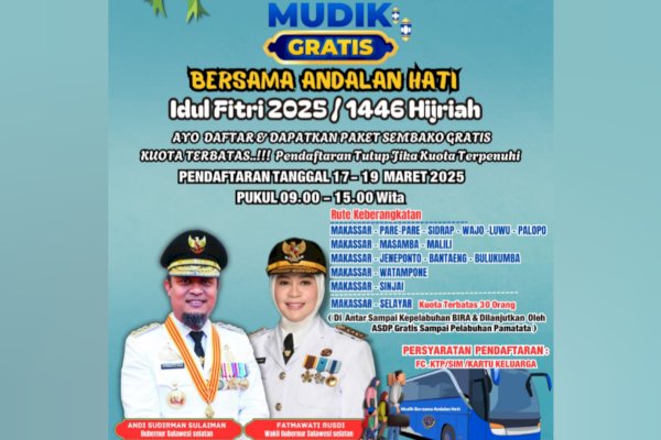 Ayo Buruan Daftar! Kuota Mudik Gratis Bersama Andalan Hati Dibuka 17 hingga 19 Maret, Berikut Rutenya