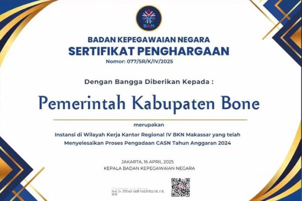Alhamdulillah! Pemkab Bone Raih Penghargaan dari BKN RI