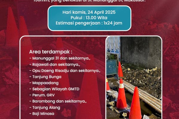 Ada Kebocoran Pipa di Jalan Manunggal, PDAM Makassar Lakukan Pengerjaan Siang Ini-Estimasi 1&#215;24 Jam