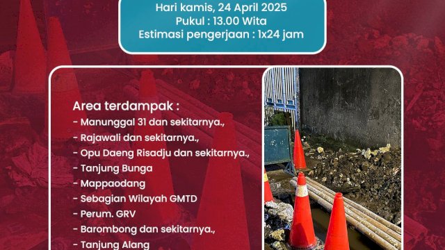 Ada Kebocoran Pipa di Jalan Manunggal, PDAM Makassar Lakukan Pengerjaan Siang Ini-Estimasi 1&#215;24 Jam