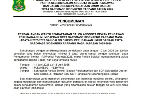 Pendaftaran Calon Dewas dan Direksi Perusda Tirta Saromase Diperpanjang hingga 13 Juni 2025