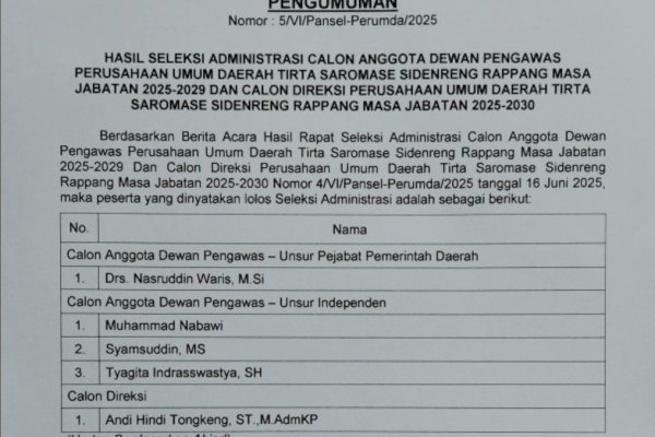 Pansel Calon Dewas-Direksi Perumda Tirta Saromase Umumkan Hasil Seleksi, Berikut Nama-namanya