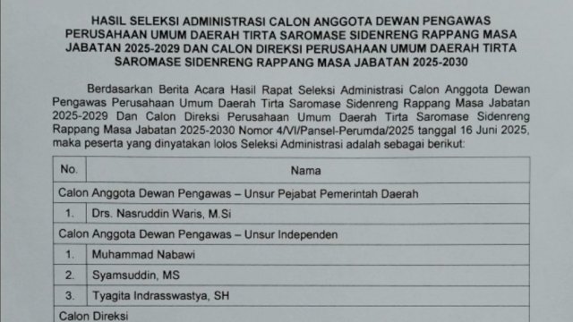 Hasil Seleksi Administrasi Calon Dewan dan Direksi Perumda Tisrta Satomase Sidrap.