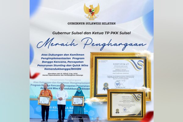 Pemprov Sulsel Raih Penghargaan Quick Wins dari Kemendukbangga/BKKBN