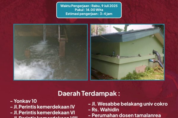 Ada Pemeliharaan Bak Reservoir, Suplai Air PDAM Makassar Terganggu di 7 Lokasi-Pelanggan Disarankan Tampung Air