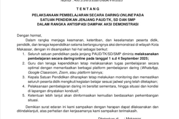 Empat Hari Sekolah Online, Disdik Makassar: Belajar Daring 1–4 September