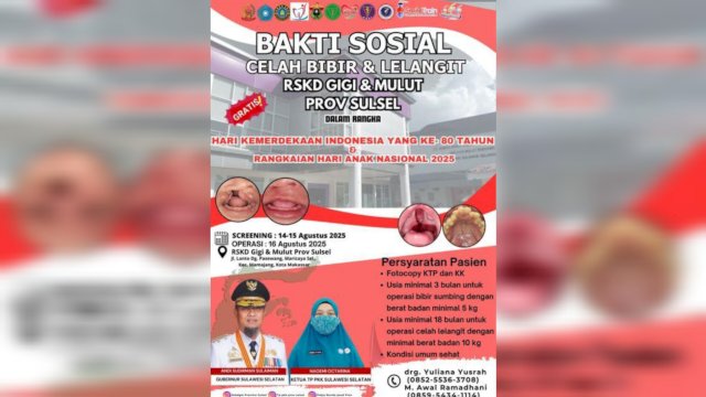 Rumah Sakit Khusus Daerah (RSKD) Gigi dan Mulut Pemerintah Provinsi Sulawesi Selatan menggelar bakti sosial operasi celah bibir dan lelangit gratis.