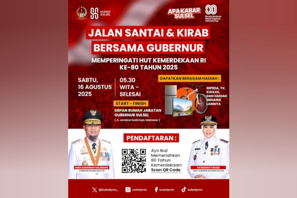 Besok, Pemprov Sulsel Gelar Jalan Santai dan Kirab Bersama Gubernur dalam Rangka HUT RI ke-80